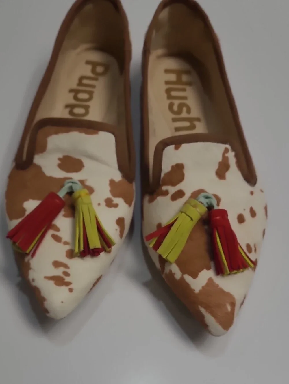 Hush Puppies Women's Cowhide Pointed Loafers with Red & Lime Tassels Size 6.5